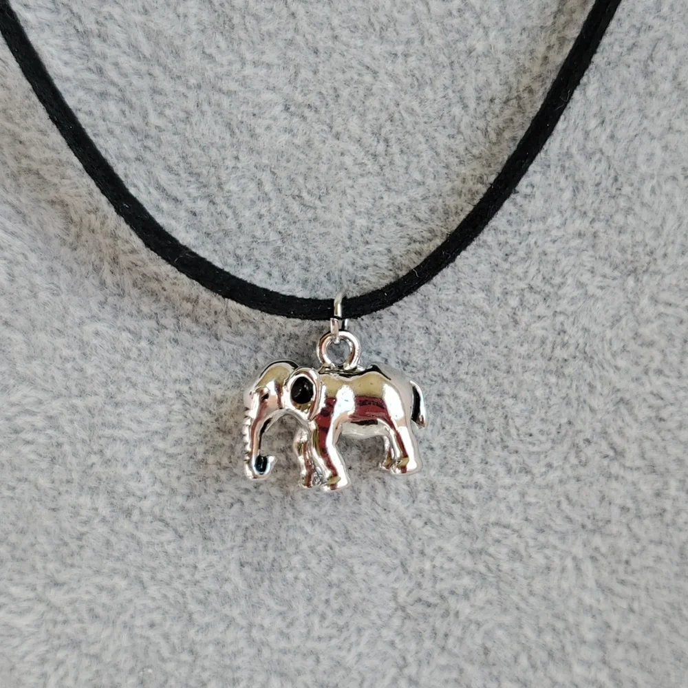 Mens silver elephant charm black suede necklace